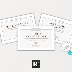 Może przedstawiać: Trzy białe karty z czarnym tekstem podkreślającym cechy szczególne: Walk-in Pantry, Quartz Countertops i Soft-Close Cabinets. Karta Quartz Countertops wspomina o trwałych, niewymagających konserwacji powierzchniach. Logo Harper Stone Realtor znajduje się na dole.