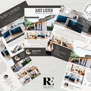 May include: A real estate flyer template with a modern farmhouse design. The flyer features a white house with black accents, a welcome home message, and a photo collage of the interior. The flyer also includes the address, price, and contact information for the real estate agent.
