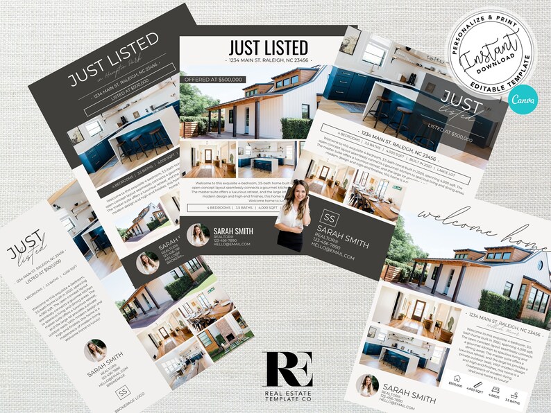 May include: A real estate flyer template with a modern farmhouse design. The flyer features a white house with black accents, a welcome home message, and a photo collage of the interior. The flyer also includes the address, price, and contact information for the real estate agent.