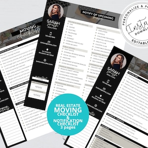 May include: A black and white printable checklist for real estate moving and notification. The checklist is divided into three sections: 1-2 Months Before Move, 4 Weeks Before Move, and Moving Day. The checklist includes tasks such as scheduling movers, packing boxes, and notifying utilities. The checklist also includes a contact section with a real estate agent's name, phone number, and email address.