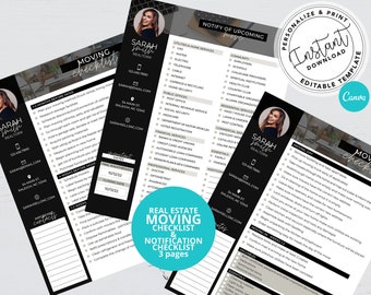 May include: A black and white printable checklist for real estate moving and notification. The checklist is divided into three sections: 1-2 Months Before Move, 4 Weeks Before Move, and Moving Day. The checklist includes tasks such as scheduling movers, packing boxes, and notifying utilities. The checklist also includes a contact section with a real estate agent's name, phone number, and email address.