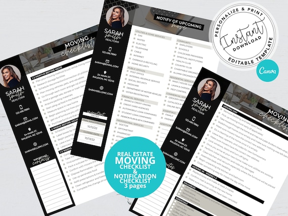 Real Estate Moving Checklist, Real estate marketing, Agent moving guide, moving list, real estate checklist, moving flyer, Canva template