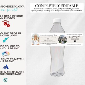 May include: A clear plastic water bottle with a custom label. The label features text and images related to real estate, including the words "Your next move starts here" and "buying soon!"