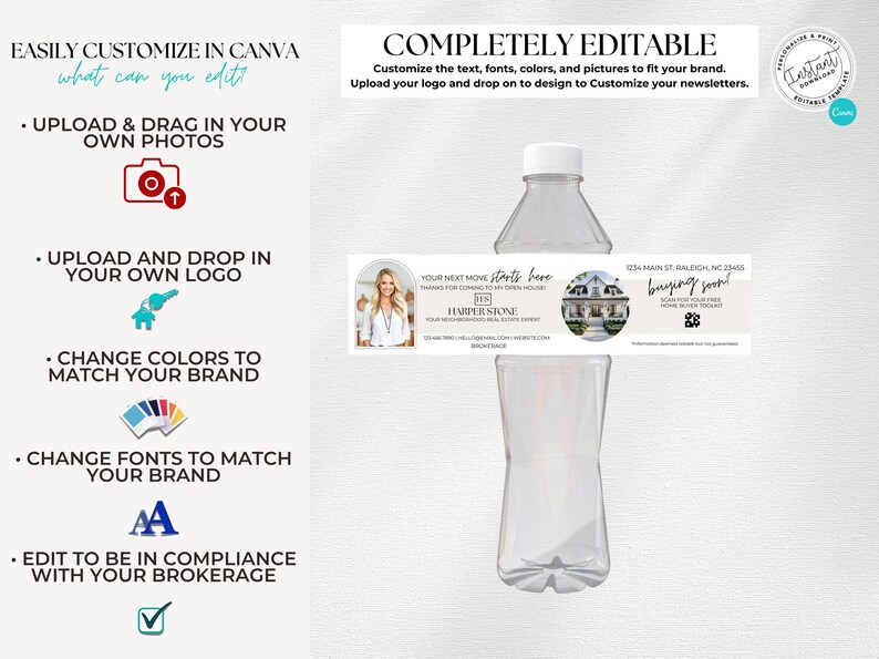 May include: A clear plastic water bottle with a custom label. The label features text and images related to real estate, including the words "Your next move starts here" and "buying soon!"