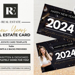 Real Estate 2024 New Years Card, Agent Marketing, New Year Postcard, Canva Template, Agent Mailer, Farming Card, Real Estate Marketing