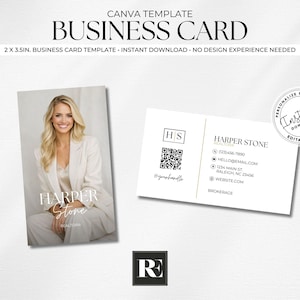 May include: A business card template with a photo of a woman in a white suit. The card is 2 x 3.5 inches. The card includes the name "Harper Stone" and contact information. The design is for instant download.