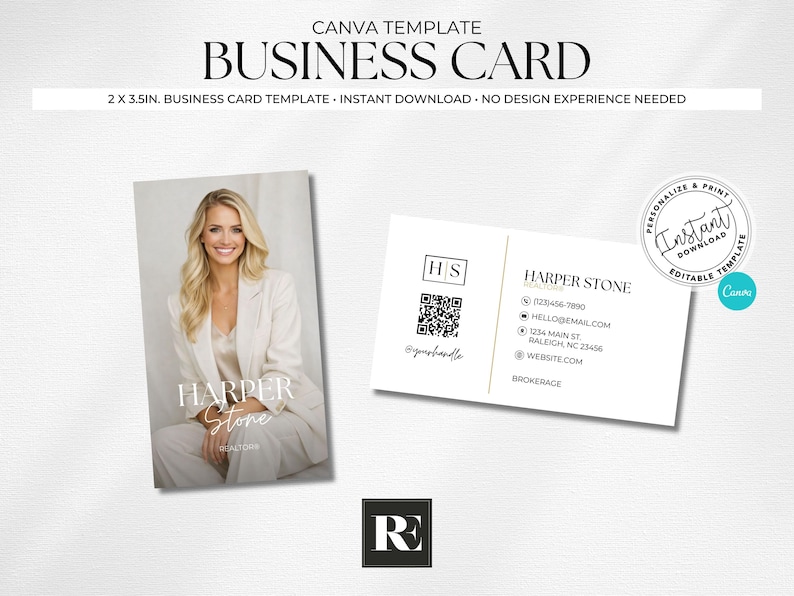 May include: A business card template with a photo of a woman in a white suit. The card is 2 x 3.5 inches. The card includes the name "Harper Stone" and contact information. The design is for instant download.