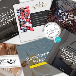 May include: A collection of six square social media templates featuring various designs including a berry collage, fireworks, and interior home scenes. The templates contain text overlays such as "Makes A Home Feel Overpriced," "July Maintenance Checklist," "Where Raleigh Locals Actually Watch Fireworks," "Pre-Approved vs. Pre-Qualified," "Spring Frenzy is Over," and "About Housing Affordability Explained," along with a circular "Instant Download" badge.