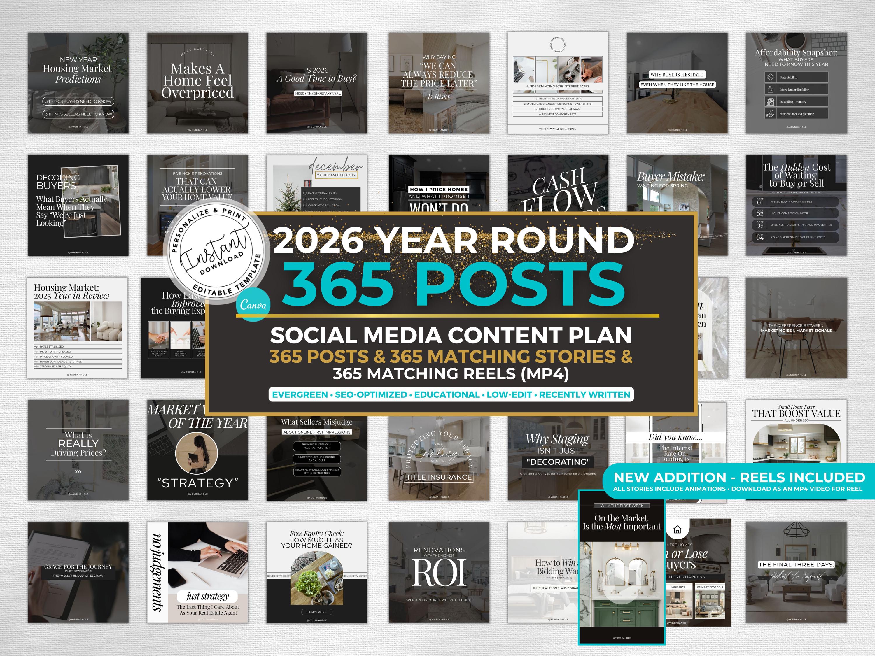 2026 Year Long Real Estate Social Media Canva Templates, 365 Post ...