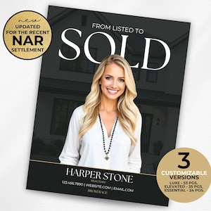 May include: A black and gold real estate marketing flyer featuring a woman in a white shirt and a black necklace. The flyer reads "From Listed to Sold" and "Harper Stone Realtors".