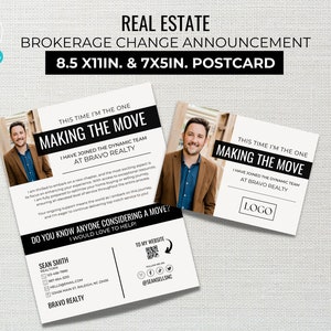 Real Estate Brokerage Change Postcard, Real Estate Marketing, Brokerage Change Announcement, Canva Template, Real Estate Postcard