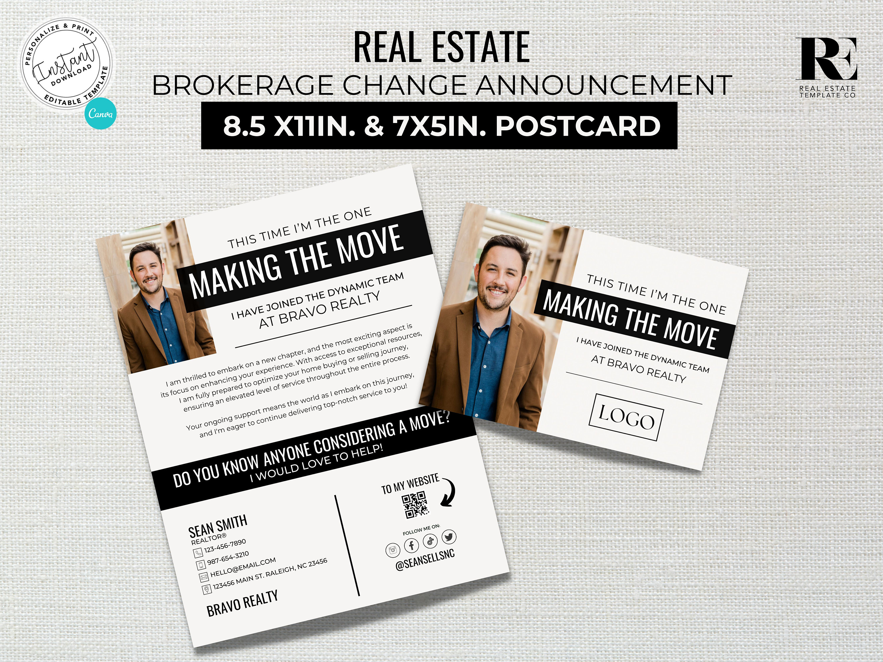 Real Estate Brokerage Change Postcard, Real Estate Marketing, Brokerage Change Announcement, Canva Template, Real Estate Postcard