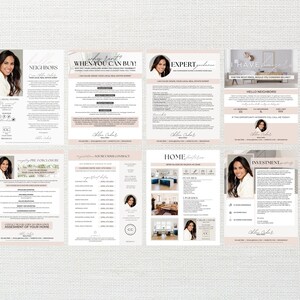 May include: A pink and white real estate marketing template with a woman's headshot and text that reads "Neighbours", "When You Can Buy!", "Expert Guidance", "I Have Sold", "Hello Neighbours", "You're Under Contract", "Home", "Investment", and "Assessment of Your Home".