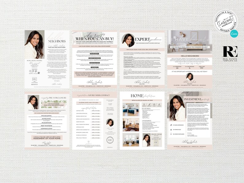 May include: A pink and white real estate marketing template with a woman's headshot and text that reads "Neighbours", "When You Can Buy!", "Expert Guidance", "I Have Sold", "Hello Neighbours", "You're Under Contract", "Home", "Investment", and "Assessment of Your Home".
