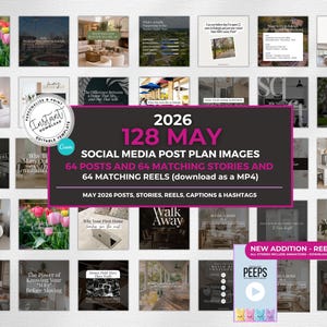 Puede incluir: Una colección de imágenes de plan de publicación en redes sociales para mayo de 2026, con 64 publicaciones, 64 historias y 64 reels. Las imágenes incluyen varios temas, como decoración del hogar, bienes raíces y citas inspiradoras. El texto en la imagen dice "2026 MAY".