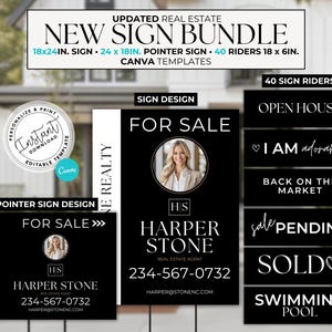 May include: A set of real estate sign templates for Canva. The templates feature a black and white colour scheme with a modern design. The signs include a variety of phrases such as "For Sale", "Open House", "I Am Adorable", "Back on the Market", "Sale Pending", "Sold", and "Swimming Pool".