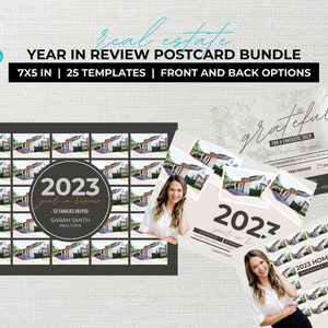 Real Estate New Year Postcard, Year In Review Sold Homes Postcards, Real Estate Marketing, Canva Template, Agent Farming Mailer 2023, 2024