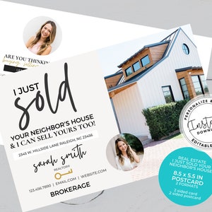 K&ouml;nnte beinhalten: Eine Immobilien-Postkartenvorlage mit einem wei&szlig;en Haus mit braunem Dach und einem Foto eines l&auml;chelnden Immobilienmaklers. Der Text auf der Postkarte lautet "Ich habe gerade das Haus Ihres Nachbarn verkauft und kann auch Ihres verkaufen!" und enth&auml;lt den Namen des Immobilienmaklers, seine Telefonnummer, E-Mail-Adresse und Website. Die Postkarte ist so konzipiert, dass sie personalisiert und gedruckt werden kann.