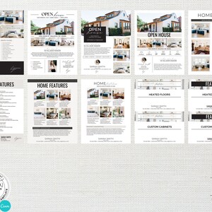 May include: A set of printable real estate open house flyers and feature cards. The flyers feature a black and white design with a photo of a house and the text "Open House". The feature cards are black and white with the text "Heated Floors" and "Custom Cabinets".