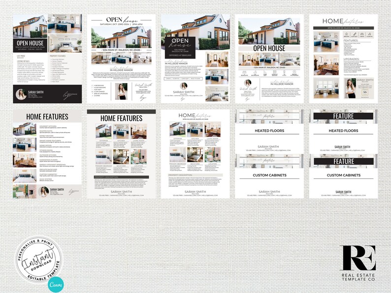 May include: A set of printable real estate open house flyers and feature cards. The flyers feature a black and white design with a photo of a house and the text "Open House". The feature cards are black and white with the text "Heated Floors" and "Custom Cabinets".