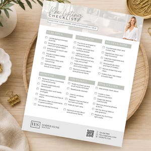 May include: A white paper pre-listing checklist for real estate with the title Pre-Listing Checklist and the subtitle Position Your Home for a Successful Sale. It features sections for curb appeal, living spaces, kitchens, baths, bedrooms, and final touches.