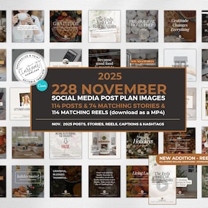 May include: A collection of social media post plan images for November 2025, featuring 114 posts, 74 matching stories, and 114 reels. The images include various themes and captions, with the text "228 NOVEMBER SOCIAL MEDIA POST PLAN IMAGES".