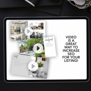 Op de afbeelding: Een screenshot van een tablet waarop een vastgoedadvertentie wordt weergegeven. De advertentie bevat een video-tour door het huis, met een afspeelknop op elke video. De tekst "VIDEO IS A GREAT WAY TO INCREASE SEO FOR YOUR LISTING!" wordt op het scherm weergegeven.