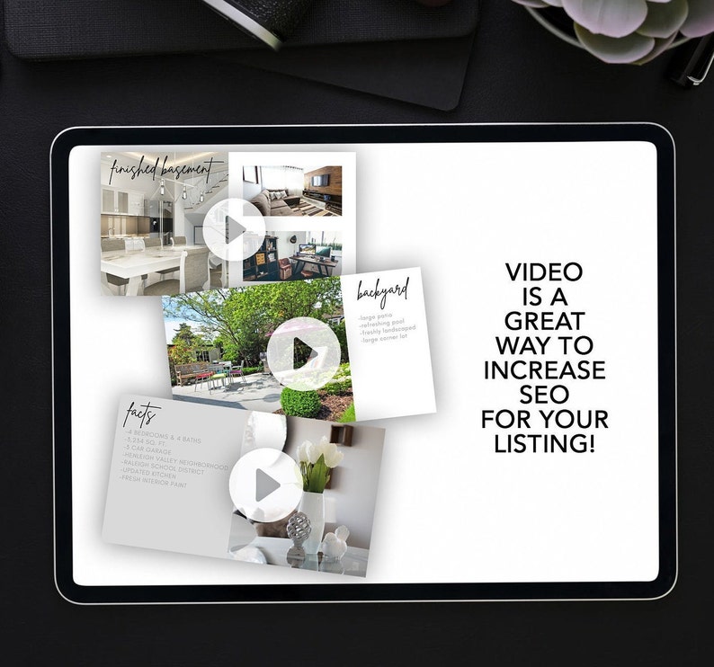 Op de afbeelding: Een screenshot van een tablet waarop een vastgoedadvertentie wordt weergegeven. De advertentie bevat een video-tour door het huis, met een afspeelknop op elke video. De tekst "VIDEO IS A GREAT WAY TO INCREASE SEO FOR YOUR LISTING!" wordt op het scherm weergegeven.