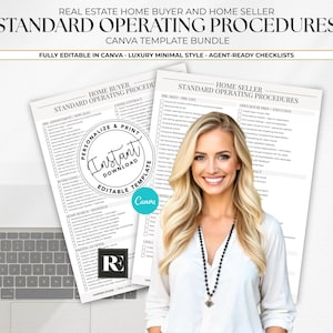 Pode incluir: Um pacote de modelos imobiliários com o texto "STANDARD OPERATING PROCEDURES" e "CANVA TEMPLATE BUNDLE". A imagem inclui listas de verificação, um laptop e uma mulher com cabelo loiro. Os modelos são para compradores e vendedores.