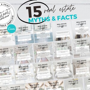 May include: A collage of 15 social media graphics with a light gray background and a white border. Each graphic features a photo of a home interior and the text "Real Estate Myths & Facts". The graphics are arranged in a grid pattern.