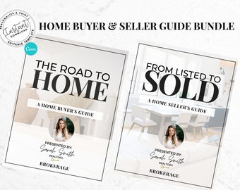 Może przedstawiać: Dwie książki przewodniki dla kupujących i sprzedających domy. Pierwsza książka nosi tytuł "The Road to Home: A Home Buyer's Guide", a druga książka nosi tytuł "From Listed to Sold: A Home Seller's Guide". Obie książki zawierają zdjęcie agenta nieruchomości i tekst "Presented by: Sarah Smith REALTORS® Brokerage".