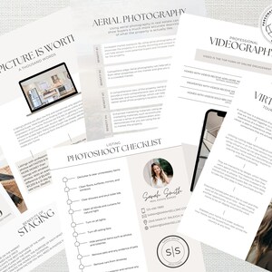 May include: A set of printable real estate marketing templates with a light gray background and black text. The templates include information on the benefits of staging, aerial photography, videography, and virtual tours. The templates also include a checklist for a photoshoot and a contact card for a real estate agent.