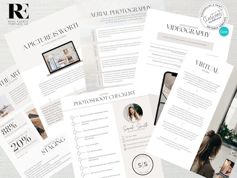May include: A set of printable real estate marketing templates with a light gray background and black text. The templates include information on the benefits of staging, aerial photography, videography, and virtual tours. The templates also include a checklist for a photoshoot and a contact card for a real estate agent.