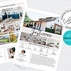 May include: A two-sided real estate newsletter template in a light blue and white color scheme. The template features a photo of a white farmhouse with a large yard and a swimming pool. The text "Just Listed" is written in a black cursive font. The template is 8.5 inches by 11 inches and is designed to be printed and mailed to potential buyers.