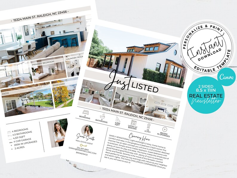 May include: A two-sided real estate newsletter template in a light blue and white color scheme. The template features a photo of a white farmhouse with a large yard and a swimming pool. The text "Just Listed" is written in a black cursive font. The template is 8.5 inches by 11 inches and is designed to be printed and mailed to potential buyers.