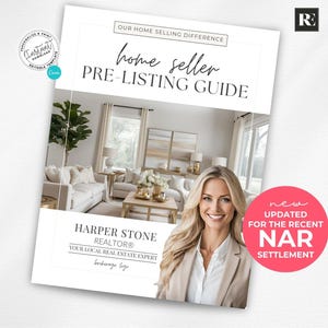 May include: A home seller pre-listing guide template featuring the text OUR HOME SELLING DIFFERENCE, home seller PRE-LISTING GUIDE, HARPER STONE REALTOR, YOUR LOCAL REAL ESTATE EXPERT, and a pink circular badge stating NEW UPDATED FOR THE RECENT NAR SETTLEMENT.