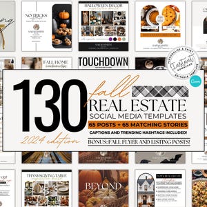 Könnte beinhalten: Eine Collage aus 130 Herbst-Immobilien-Social-Media-Vorlagen für 2024. Die Vorlagen zeigen Bilder von Kürbissen, Herbstlaub und gemütlichen Häusern. Der Text "130 Herbst-Immobilien-Social-Media-Vorlagen 2024 Edition" wird in großer, fetter Schrift angezeigt.
