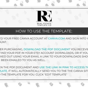 Puede incluir: Gr&aacute;fico en blanco y gris con instrucciones sobre c&oacute;mo usar una plantilla de Real Estate Template Co. El texto incluye los pasos para acceder a la plantilla a trav&eacute;s de Canva.com y descargas de Etsy.