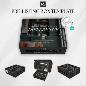 May include: A black box template with the text "PRE-LISTING BOX TEMPLATE" and "THE HARPER STONE DIFFERENCE". The box has a picture of a room and the text "EVERY GREAT MOVE STARTS WITH A PLAN. HERE IS YOURS!"