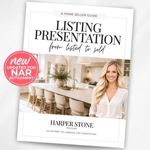 Peut inclure: Un guide pour vendeur de maison intitulé Listing Presentation from listed to sold avec une photo de cuisine et un agent immobilier. Un badge rose indique new UPDATED FOR NAR SETTLEMENT. Le bas affiche le nom Harper Stone et des coordonnées.