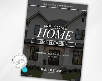 May include: A welcome home document with a house image, featuring the text "WELCOME HOME SMITH FAMILY." Additional text includes the address 1234 Maple Drive, Raleigh, NC 12345, and the date July 14, 2025. The document also includes the Harper Stone Realtor logo.