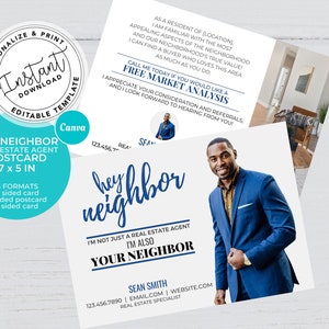 Real Estate Postcards, Blue Real estate Agent Hey Neighbor Card, Agent Farming Card, Agent postcard, Real estate marketing, Canva template