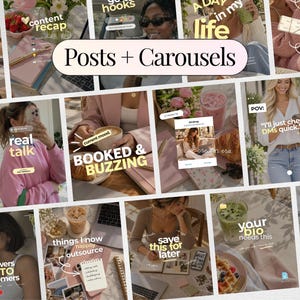 May include: A digital collage of social media content templates featuring various lifestyle scenes, including people working on laptops, drinking coffee, and using smartphones, with text overlays like Posts + Carousels, real talk, and booked & buzzing.