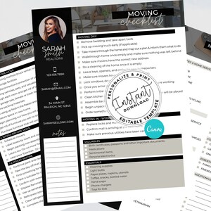 May include: A black and white checklist for moving day. The checklist includes tasks to complete 12 months before the move, 4 weeks before the move, 2 weeks before the move, and on moving day. The checklist also includes a section for valuable items and essentials to pack. The checklist is titled "Moving Checklist" and is personalized with the name "Sarah Smith, Realtors".