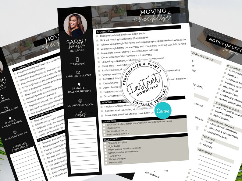 May include: A black and white checklist for moving day. The checklist includes tasks to complete 12 months before the move, 4 weeks before the move, 2 weeks before the move, and on moving day. The checklist also includes a section for valuable items and essentials to pack. The checklist is titled "Moving Checklist" and is personalized with the name "Sarah Smith, Realtors".