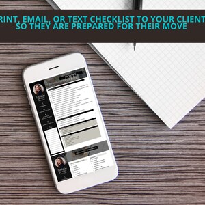 May include: A white smartphone displaying a moving checklist with a woman's headshot and the text "Moving Checklist" and "Sarah Jones". The checklist includes a list of tasks to complete before, during, and after a move.