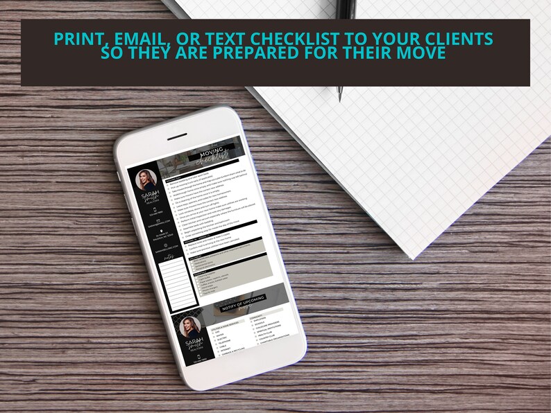 May include: A white smartphone displaying a moving checklist with a woman's headshot and the text "Moving Checklist" and "Sarah Jones". The checklist includes a list of tasks to complete before, during, and after a move.