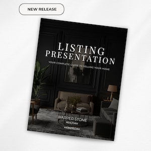 Könnte beinhalten: Eine dunkel gehaltene Immobilienpräsentationsbroschüre mit dem Text „LISTING PRESENTATION“ und „YOUR COMPLETE GUIDE TO SELLING YOUR HOME“. Der Leitfaden zeigt eine Wohnzimmerszene und den Text „HARPER STONE REALTORS WEBSITE.COM“. Ein „NEW RELEASE“-Label befindet sich oben links.