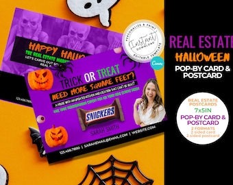 May include: Purple and green Halloween-themed real estate postcard with a candy bar, pumpkins, and a spider web. The text reads "Trick or Treat Need More Square Feet?" and includes contact information for Sarah Smith, Realtor.