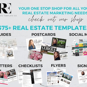K&ouml;nnte beinhalten: Eine Collage von Bildern, die &uuml;ber 375 Immobilienvorlagen f&uuml;r Leitf&auml;den, Postkarten, soziale Medien, Briefe, Checklisten, Flyer und Schilder zeigt. Der Text "YOUR ONE STOP SHOP FOR ALL YOUR REAL ESTATE MARKETING NEEDS! check out our shop" befindet sich oben im Bild.